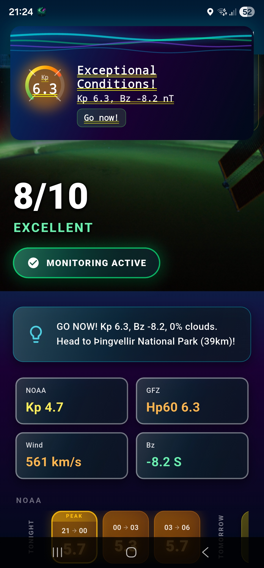 Aurora dashboard showing 8 out of 10 Excellent viewing score with real-time KP index, solar wind speed, and Bz data