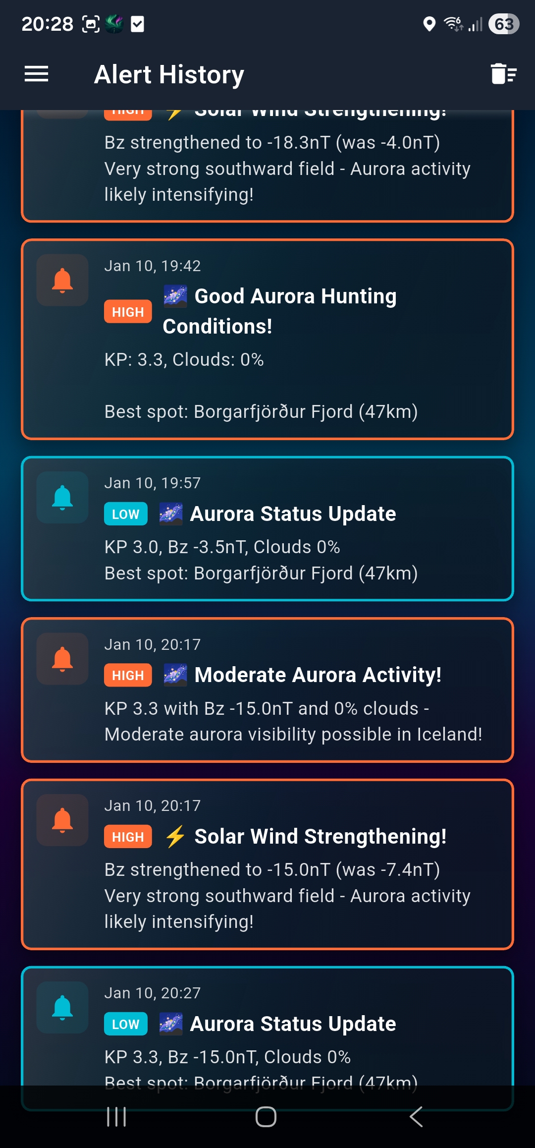 Alert history showing aurora hunting condition alerts, solar wind strengthening notifications, and moderate aurora activity updates with severity levels