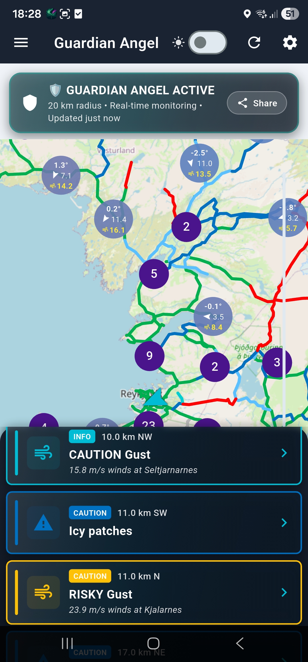 SkyRoad Guardian Angel showing real-time road conditions and hazard alerts on a map of Iceland