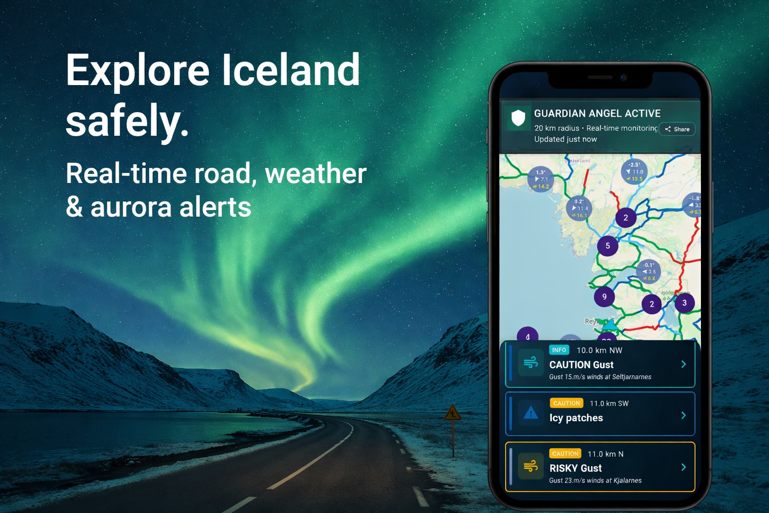 SkyRoad app showing real-time road conditions and aurora forecasting